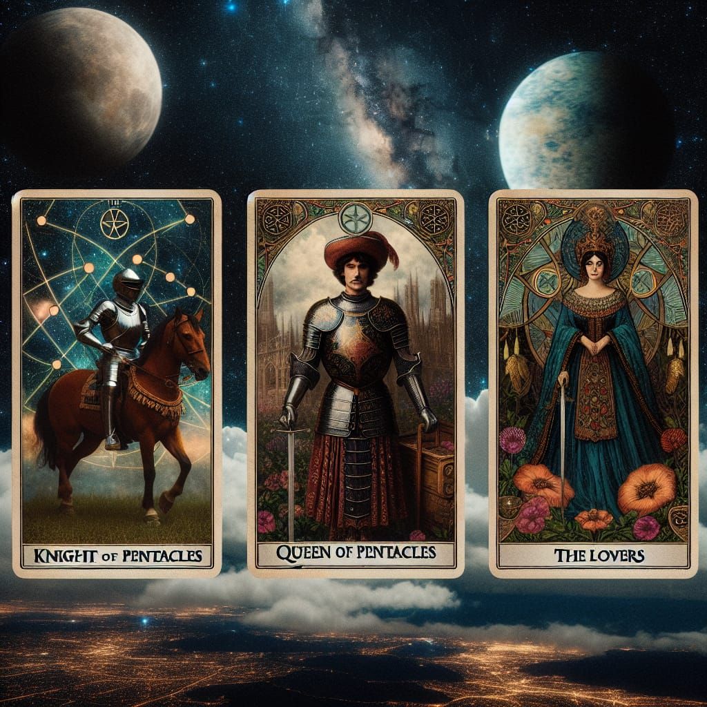 Tarot Cards: Knight, Queen, and The Lovers