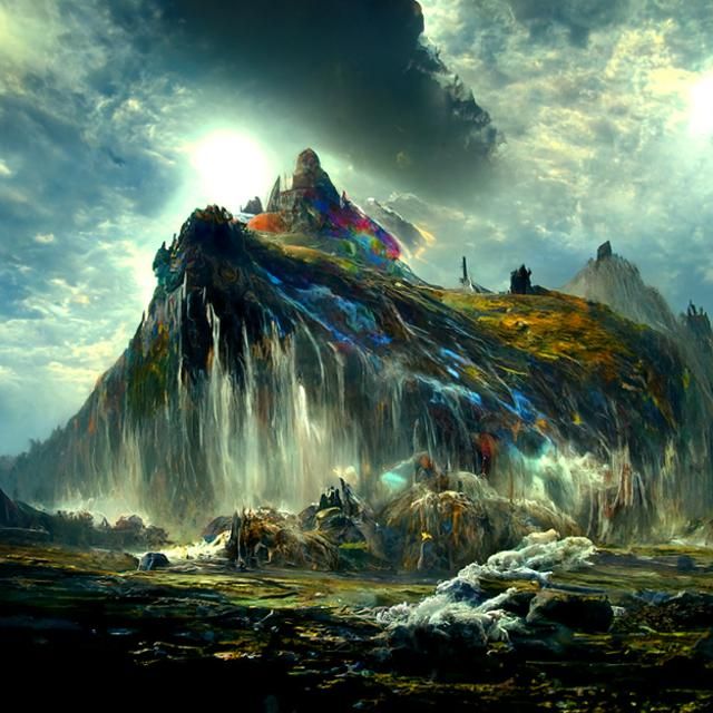 Waterfell Mountain Digital Painting in Hyperreal Style