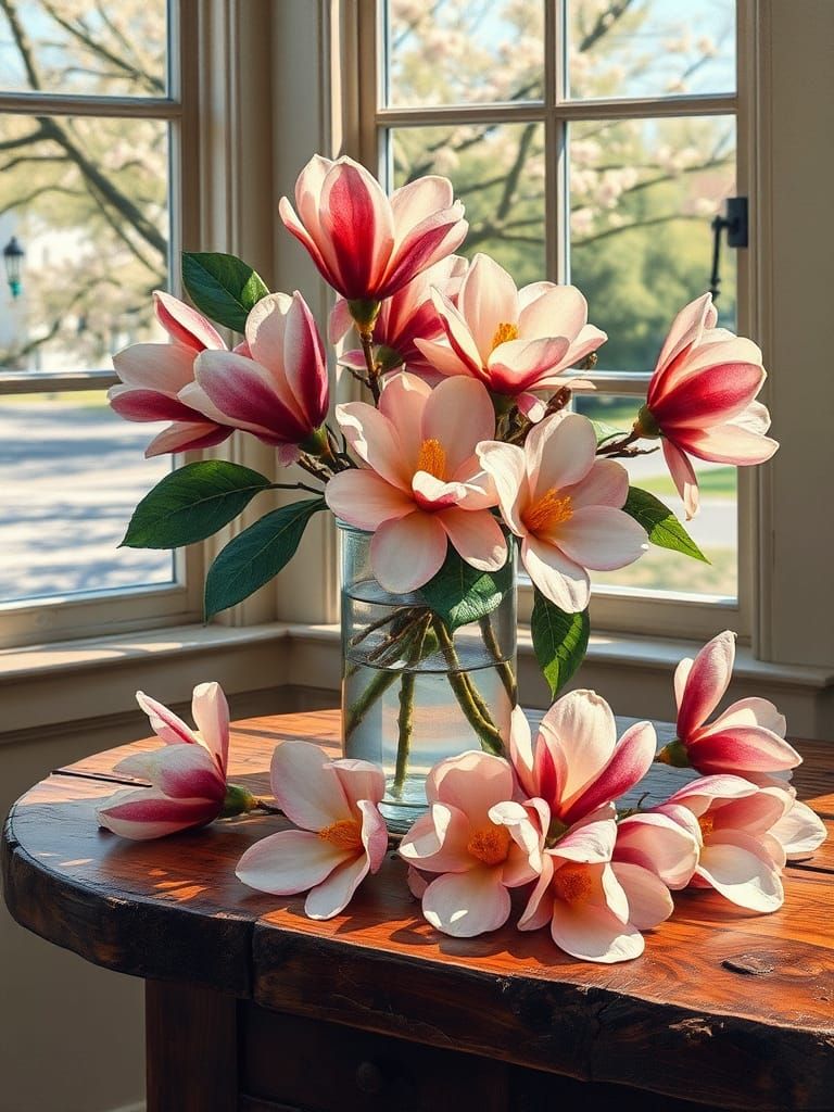 Magnolia Still-Life: Impressionist Oil Painting in Gouache S...