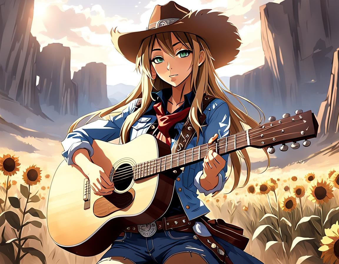 Anime Cowgirl Guitarist in Western Style