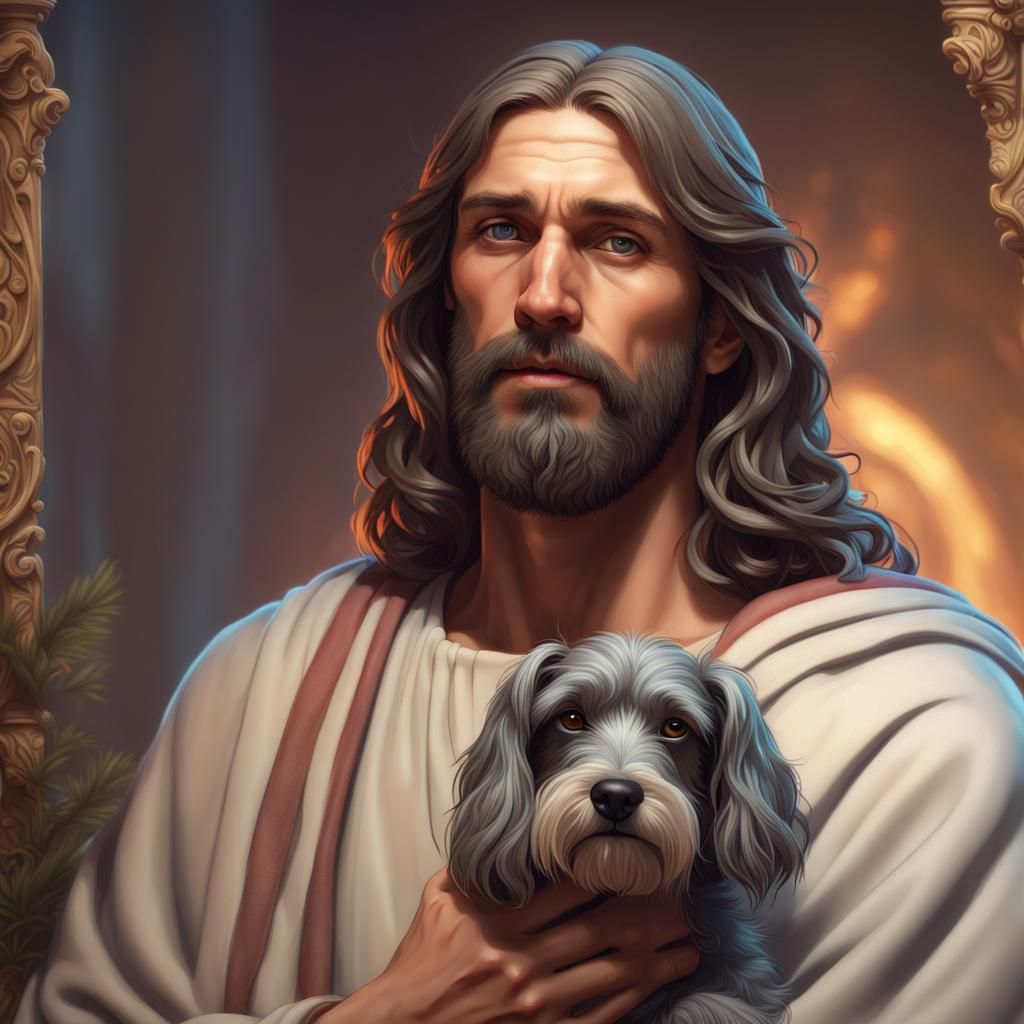 Jesus and Schnauzer: Hyperrealistic Digital Portrait