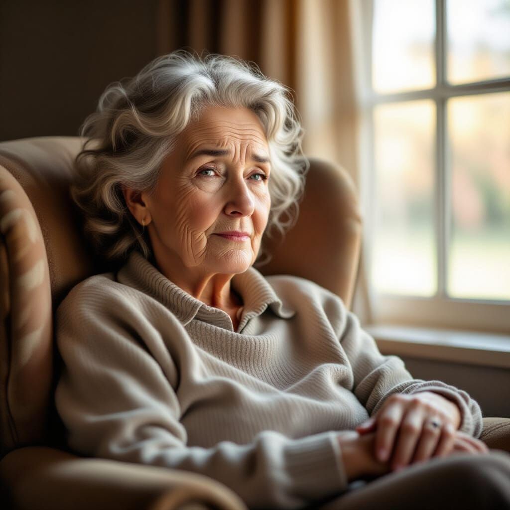 Photorealistic Portrait of Tired Elderly Woman in Soft Light