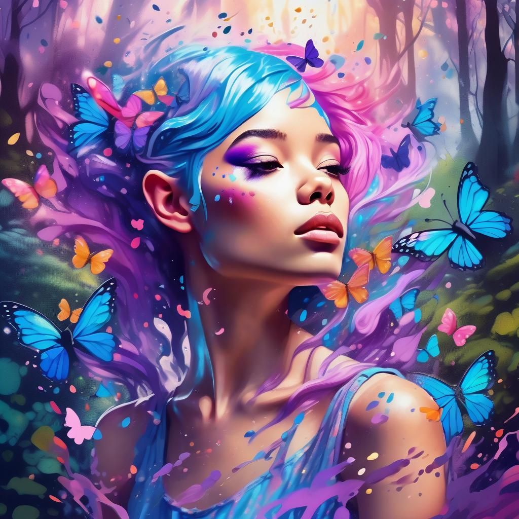 Beautiful Fairy Portrait with Wings in Graffiti Art Style