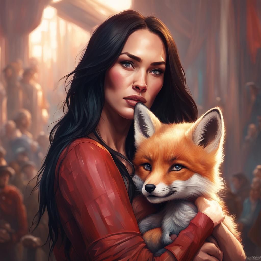 Woman Holding Fox Portrait in Hyperdetailed Style