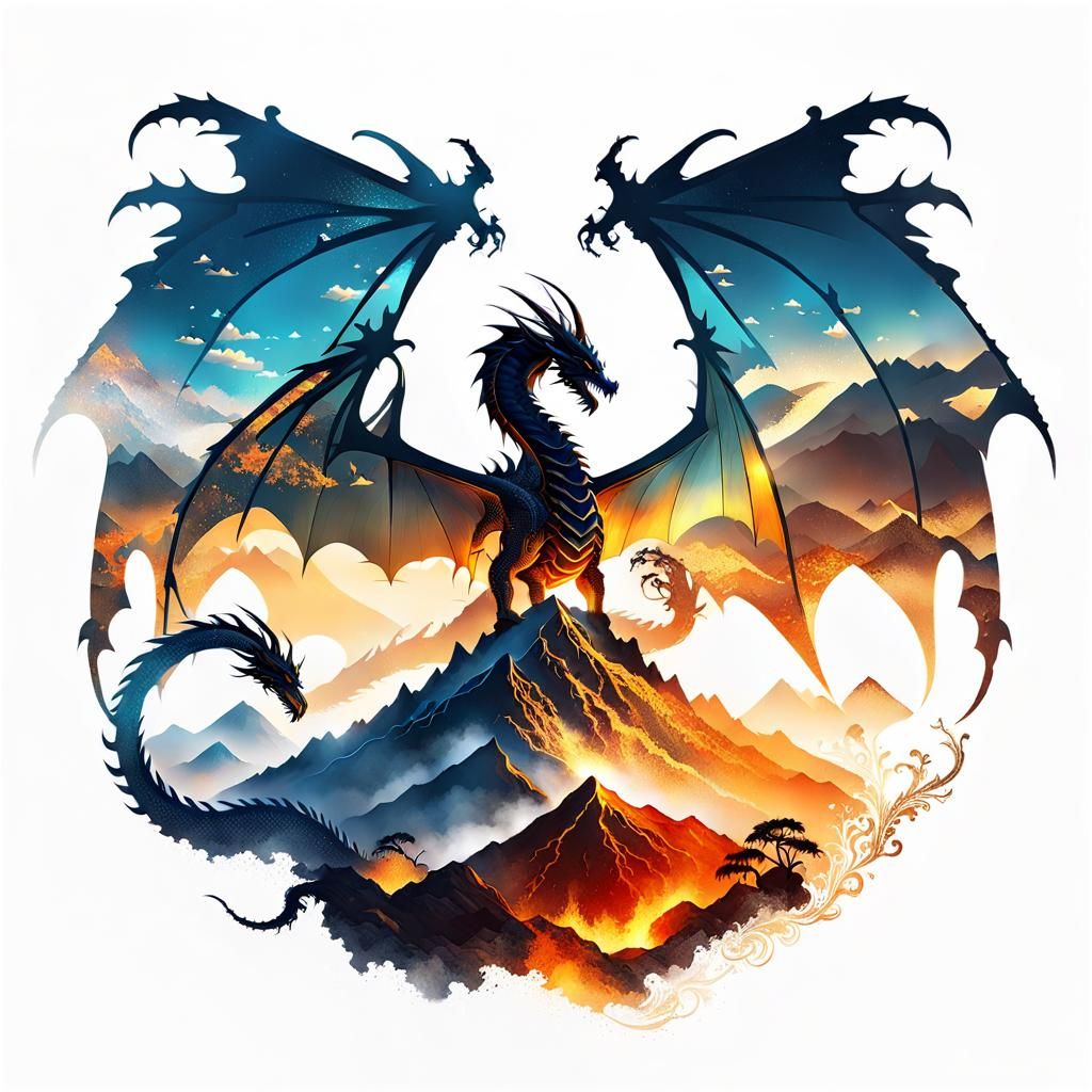 Majestic Dragon Silhouette on Volcano: Cell-Shaded Art