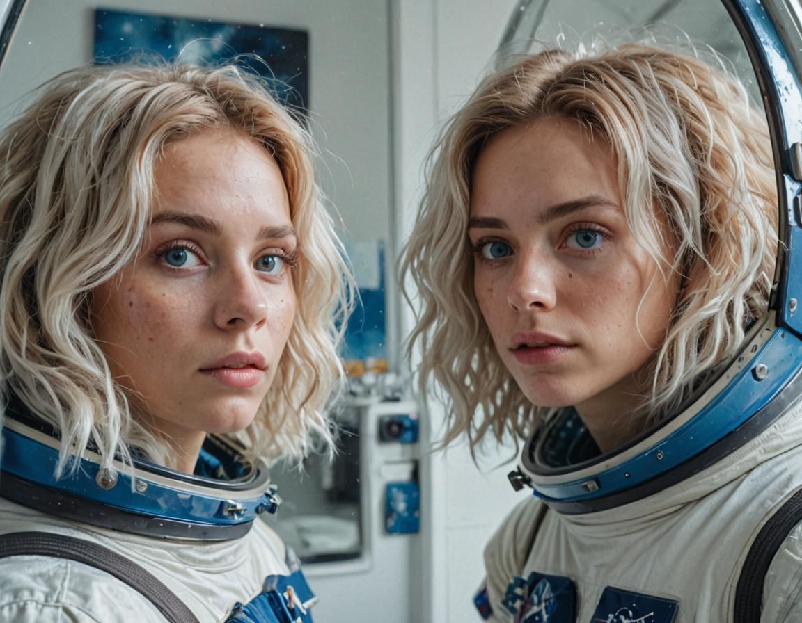 Surreal Woman and Astronaut Reflection, Oil Painting