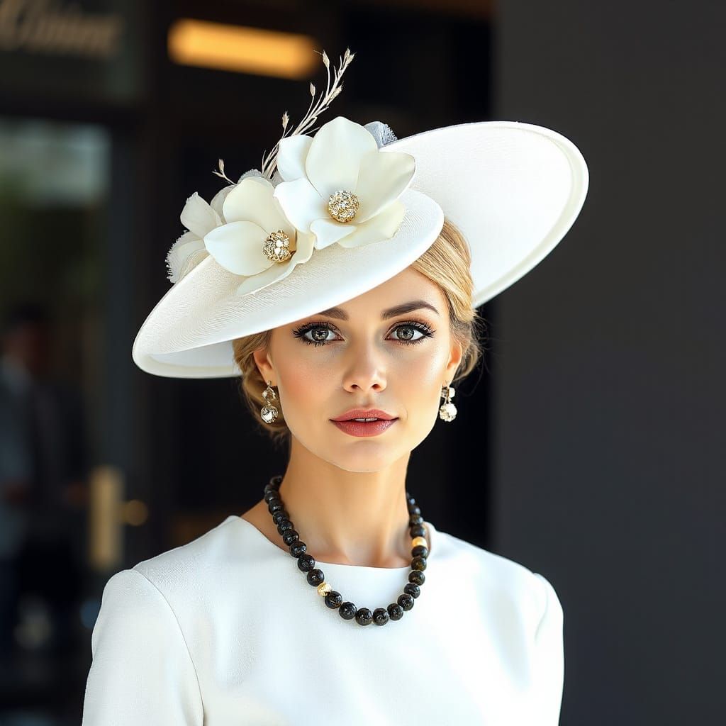 Ascot Glamour: White Dress and Dramatic Millinery