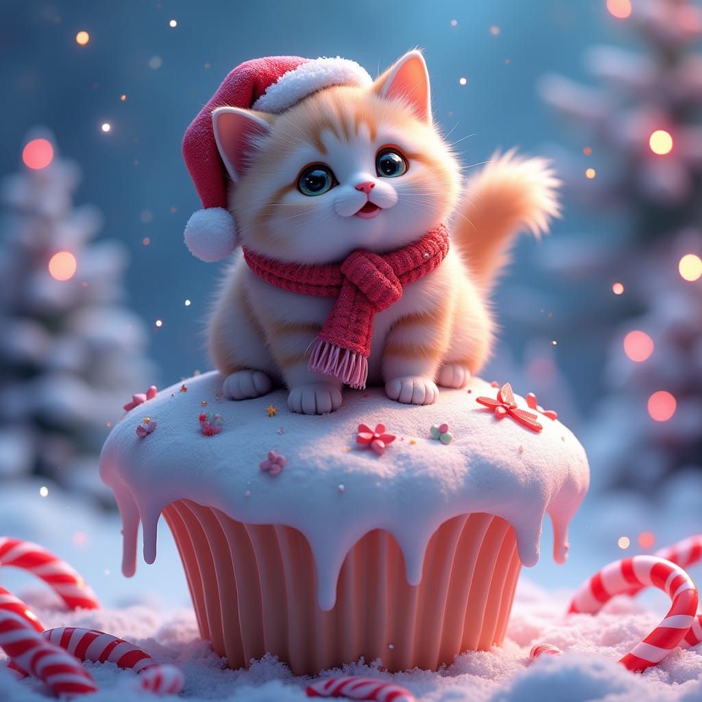 Whimsical Christmas Kitty in Anime-Inspired Wonderland