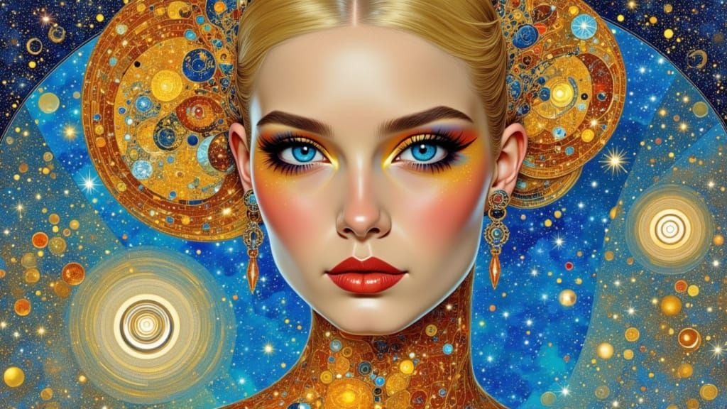 Klimt-Inspired Woman with Glass Skin and Spaceship