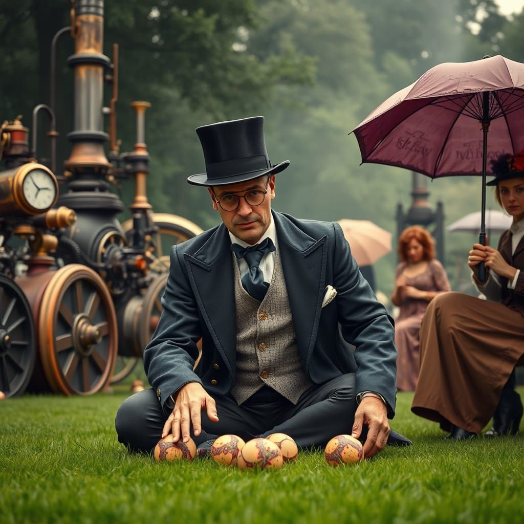 Steampunk Gentleman Plays Bocce in a Victorian Era Garden