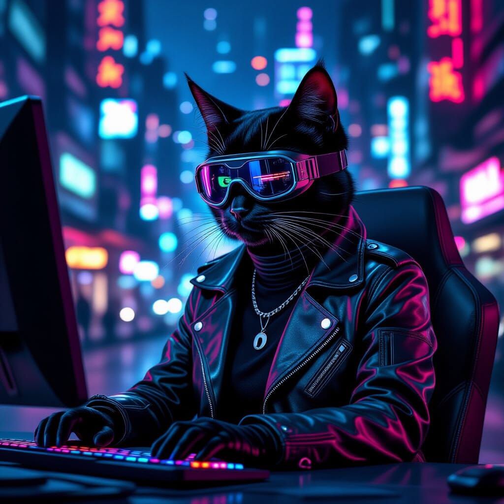 Cyberpunk Cat Hacker in Neon City