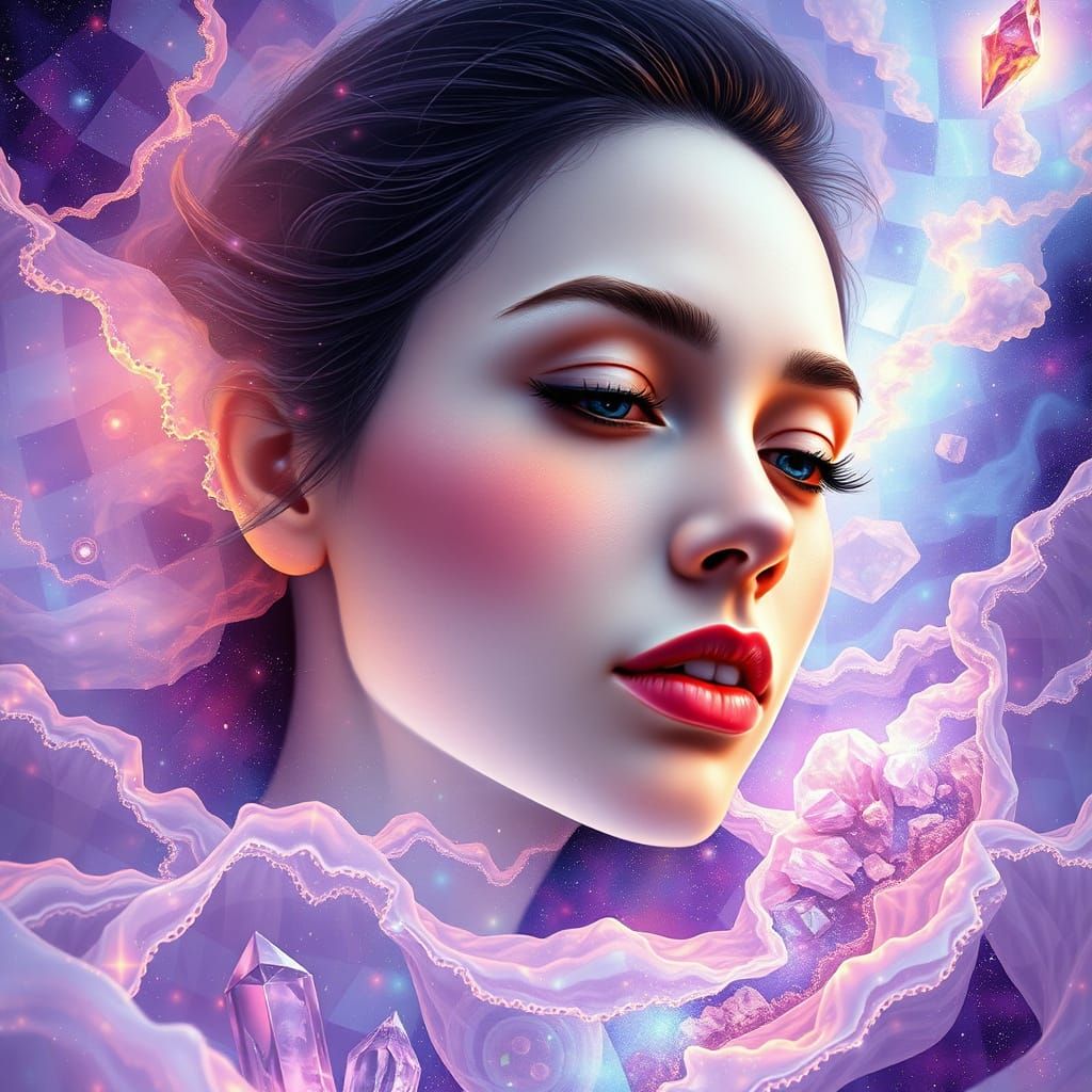 Surreal Gingham Dreamscape with Iridescent Skin and Cosmic P...