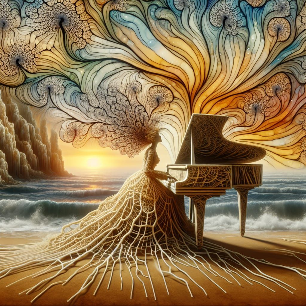 Girl in Dreamlike Landscape Plays Piano amidst Fractal Music...
