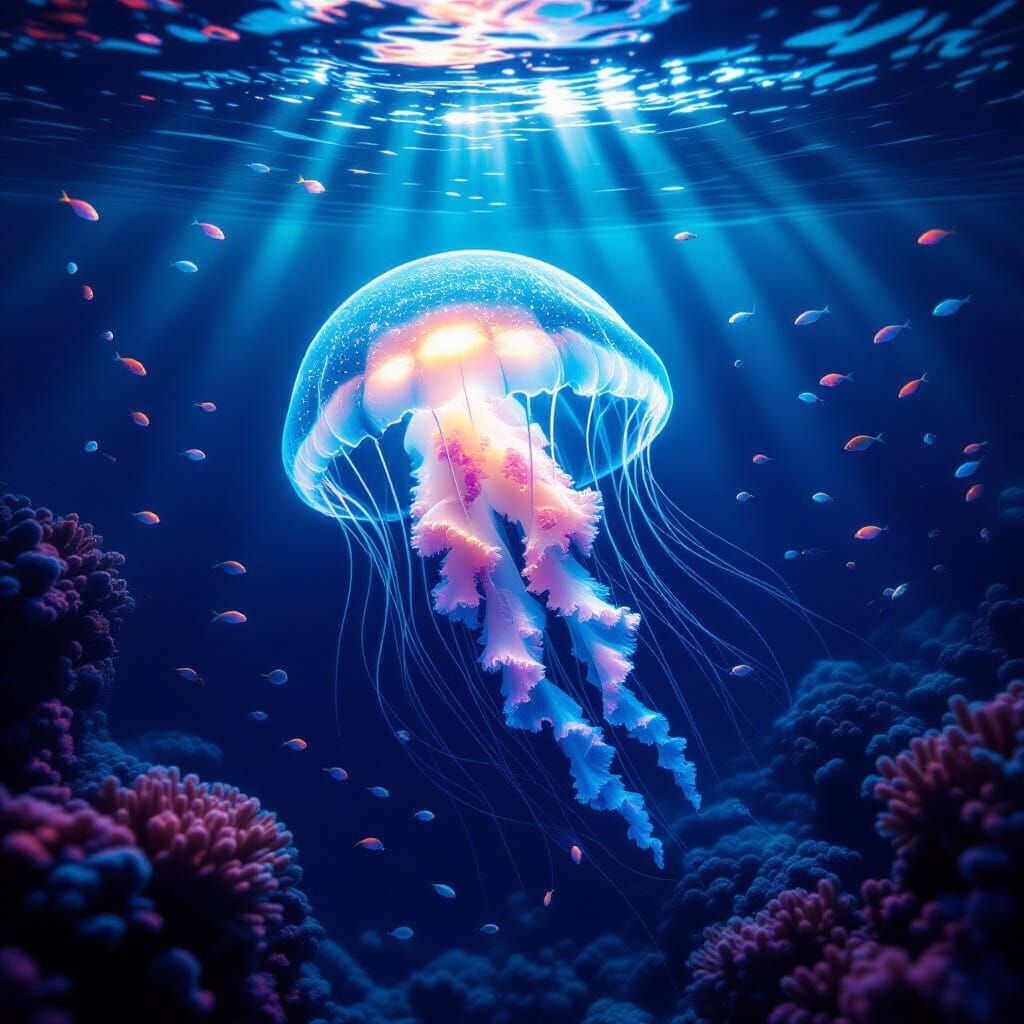 Bioluminescent Jellyfish in Twilight Coral Reef
