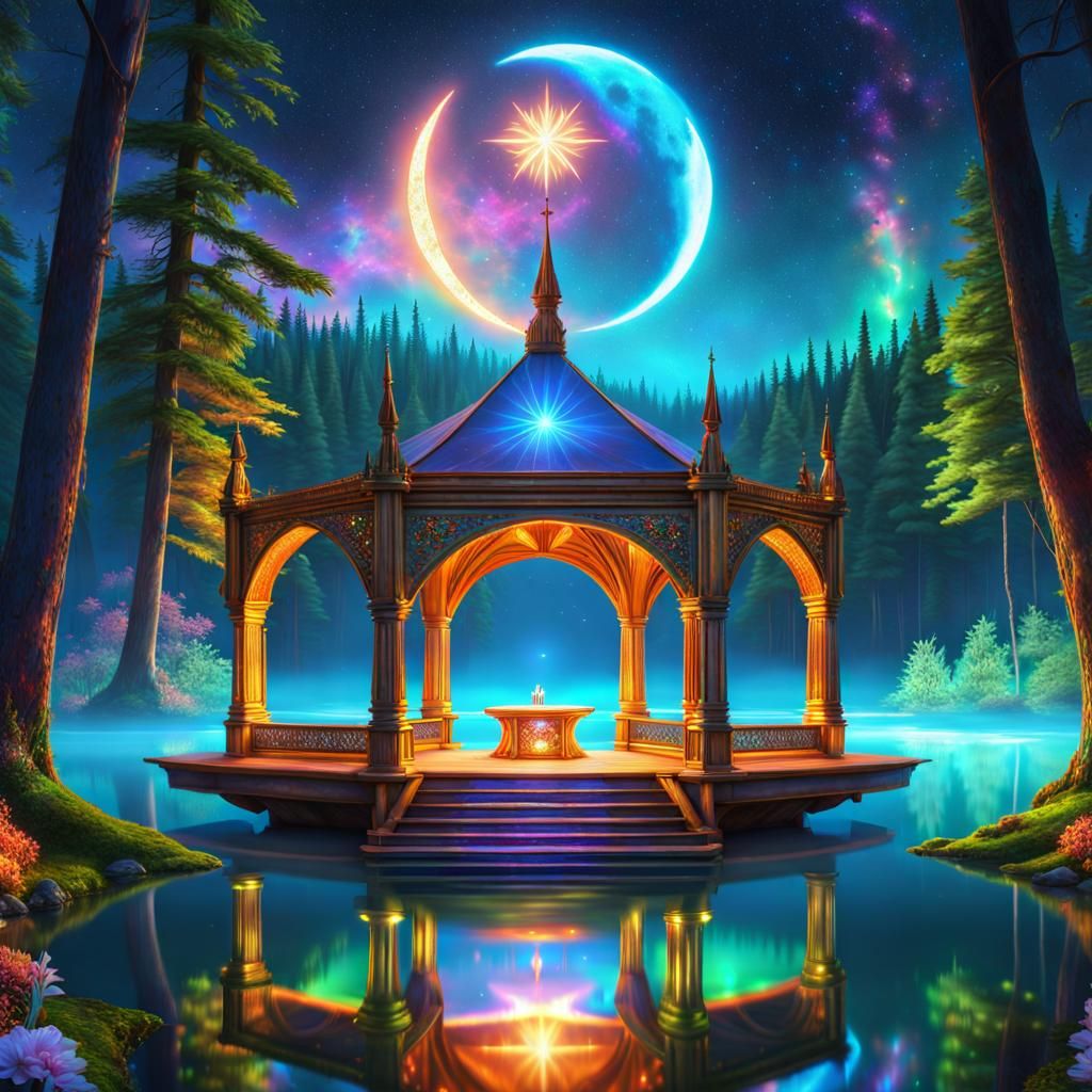 Holographic Fairytale Wedding Altar in Bioluminescent Forest