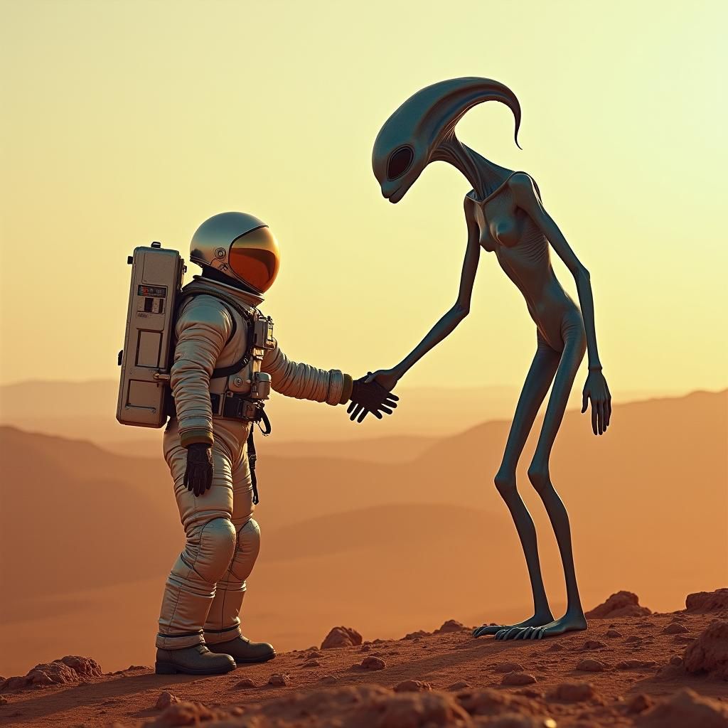 Astronaut and Alien Creation on Mars at Dawn