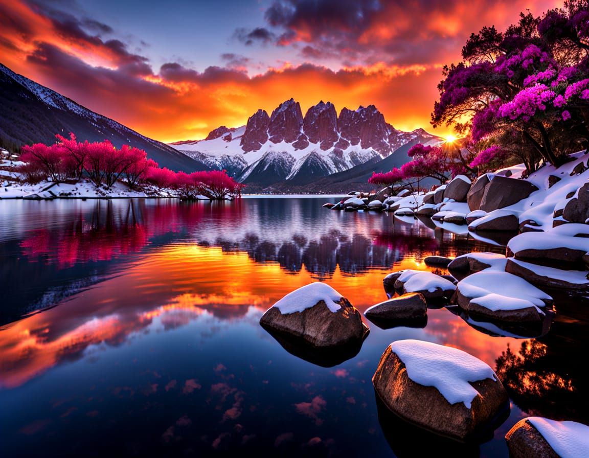 Serene Winter Lake at Golden Hour Sunset