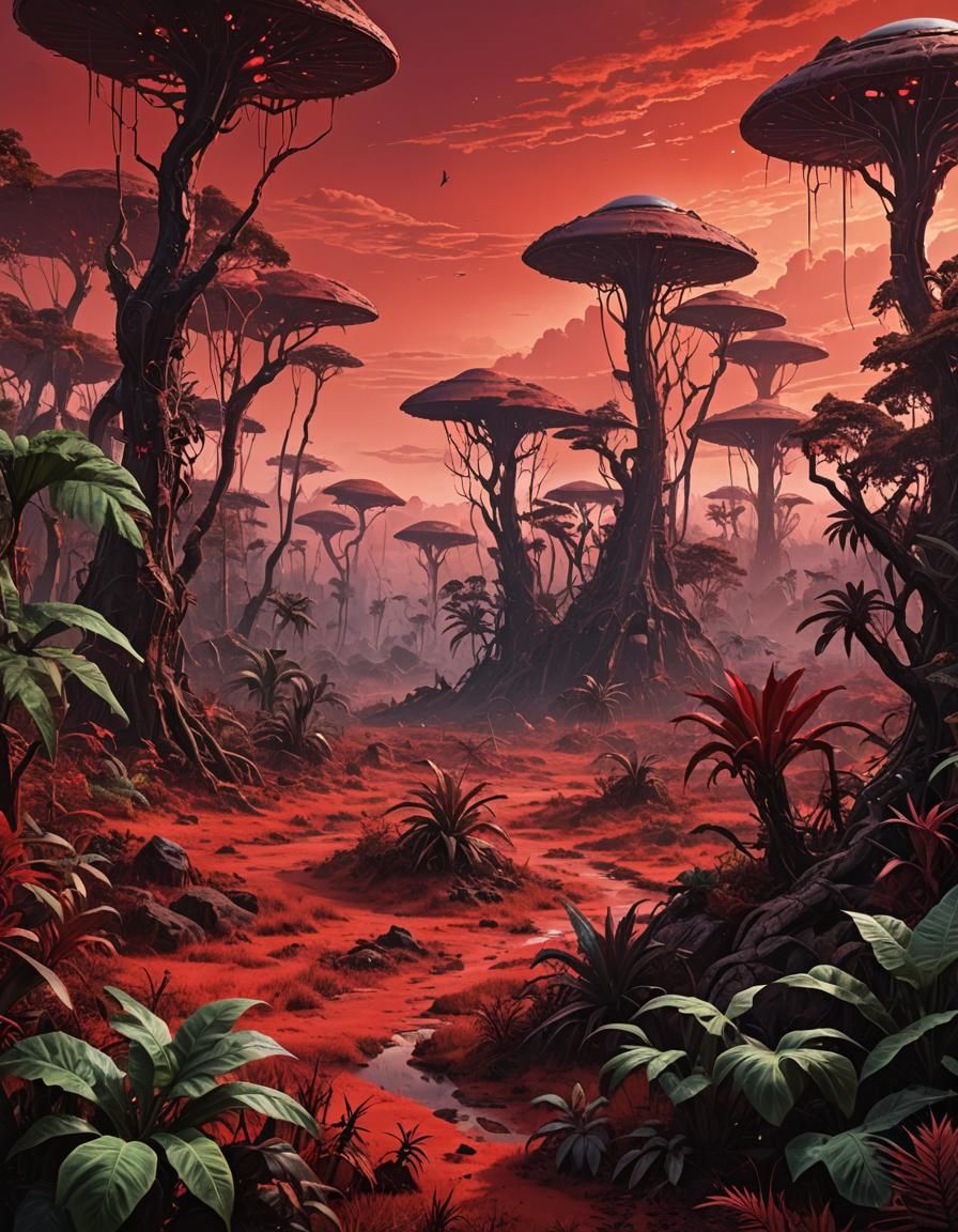 Exotic Alien Jungle Under a Red Sky
