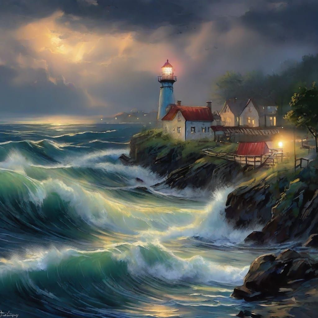 Coastal Village Lighthouse Guiding Through Stormy Seas