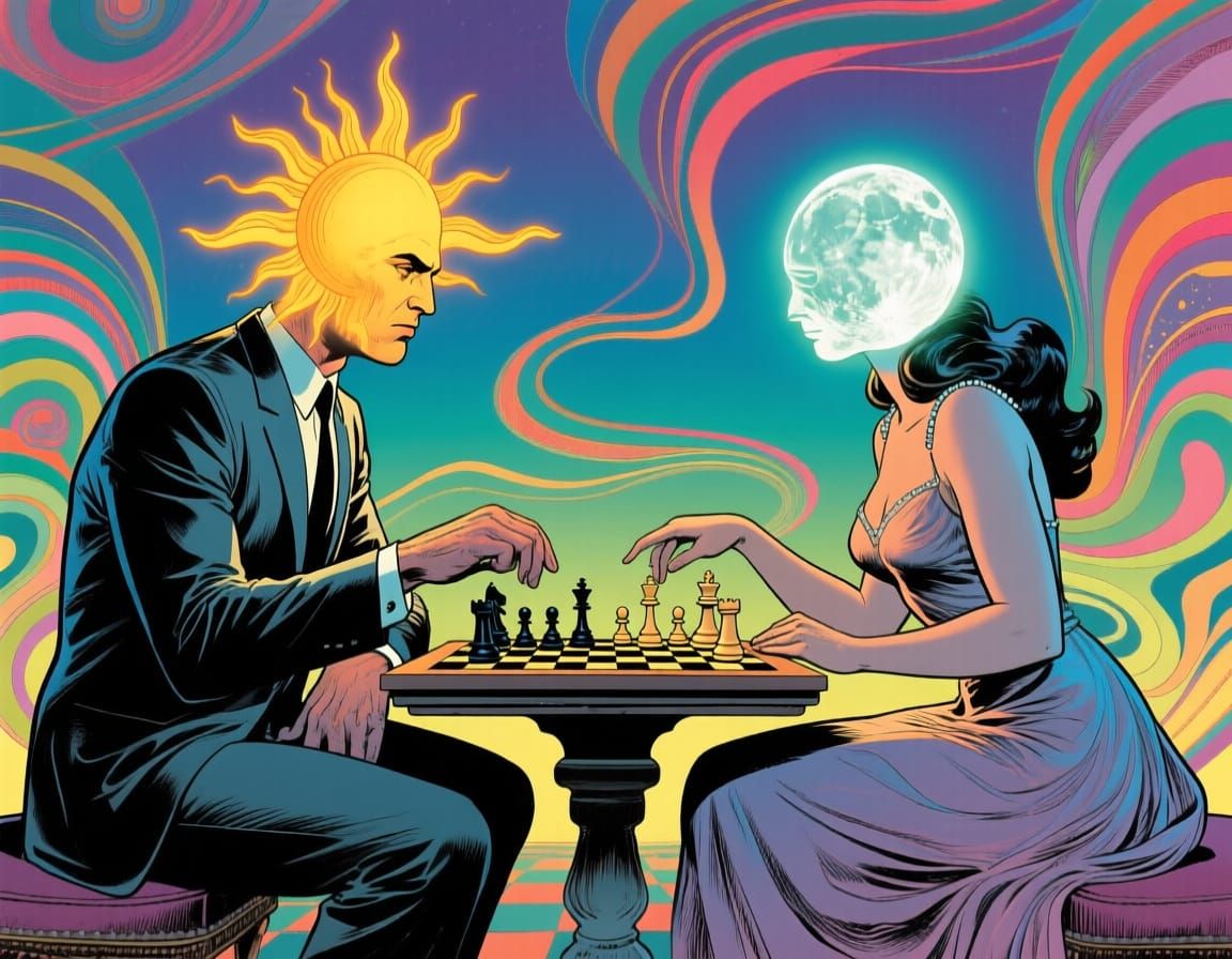 Sun Head Man Plays Chess with Moon Head Woman in 1960s Pulp ...