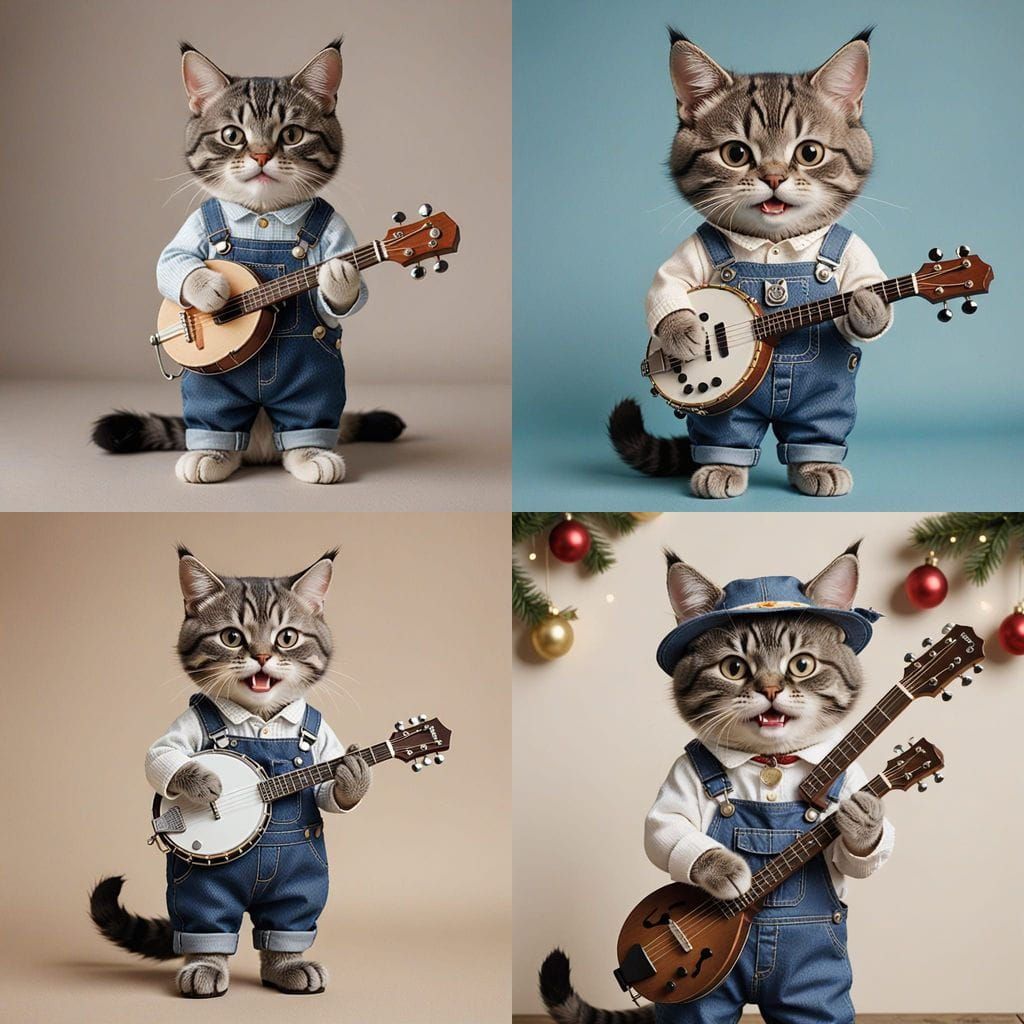 Cute Banjo Playing Cat Portrait in Overalls