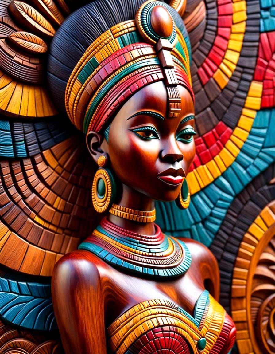 Colorful Wooden Carving of an African Queen