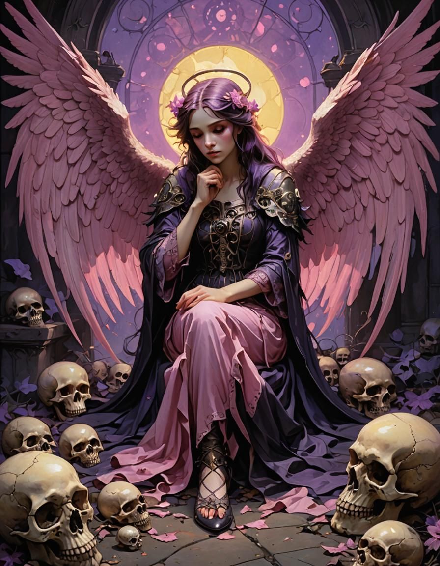 Pink-Winged Gothic Angel in Dark Fantasy Art
