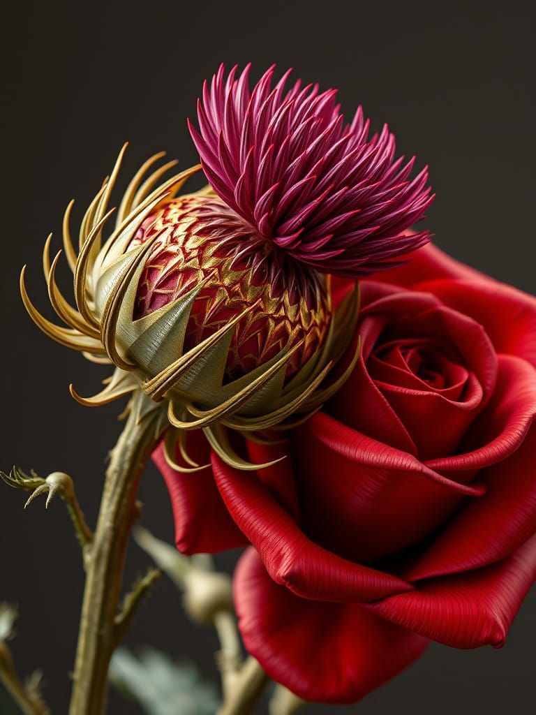 Fractal Beauty: Thistle Meets Rose in Hyper-Realistic 3D Art