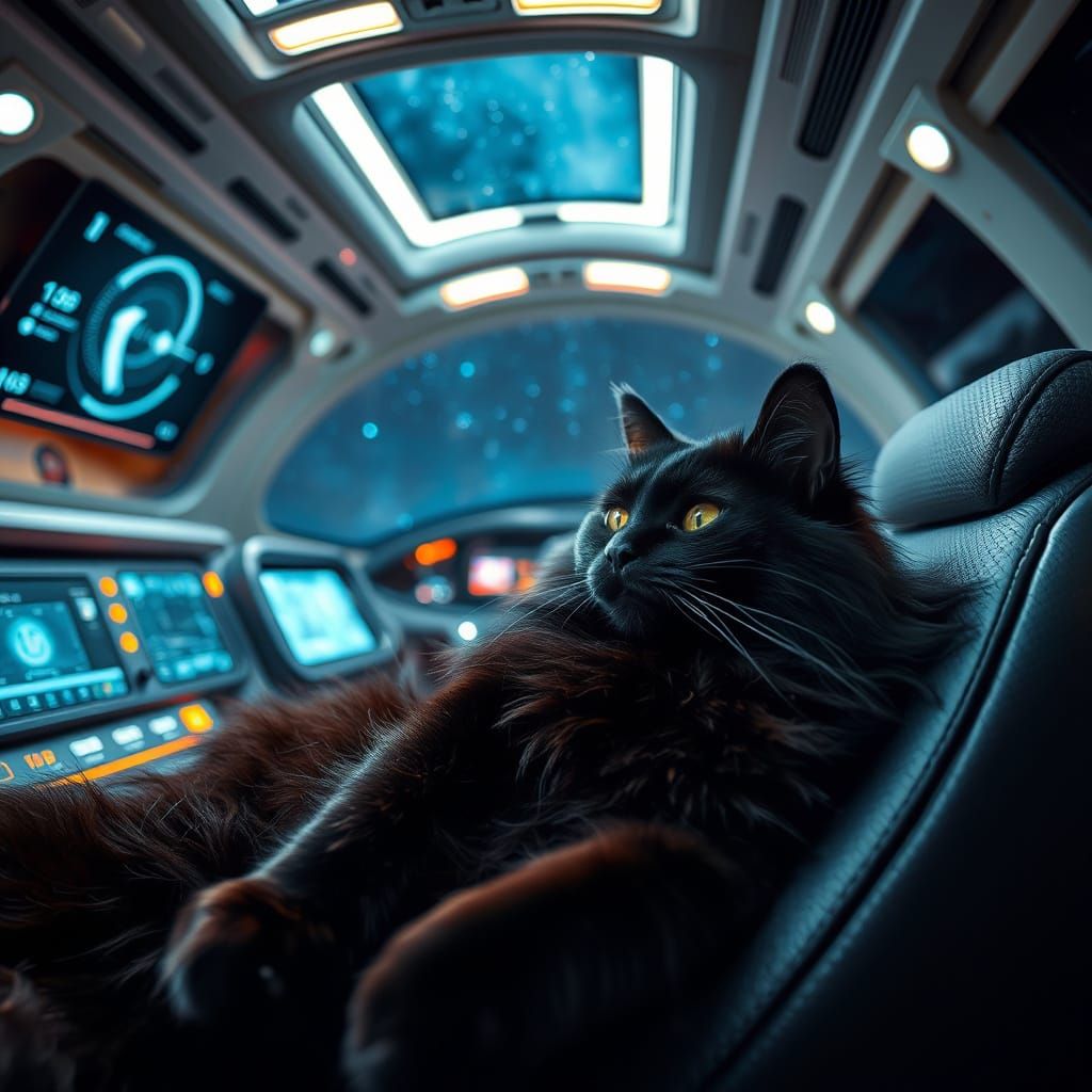 Cat Lounges in Spaceship Cockpit: Photo-realistic Rendering
