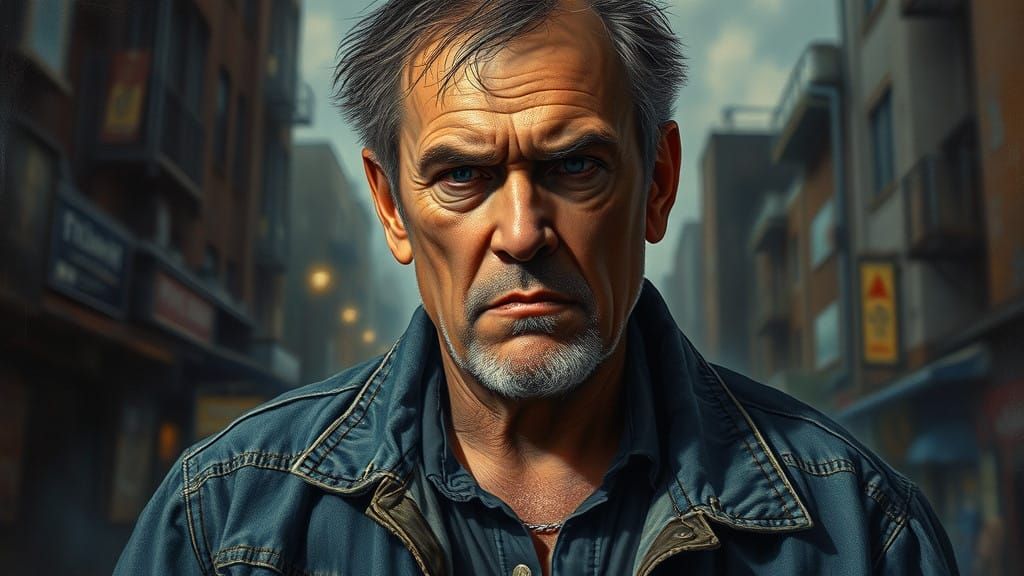 Disheveled Man in Gritty Urban Landscape, in Realistic Oil P...