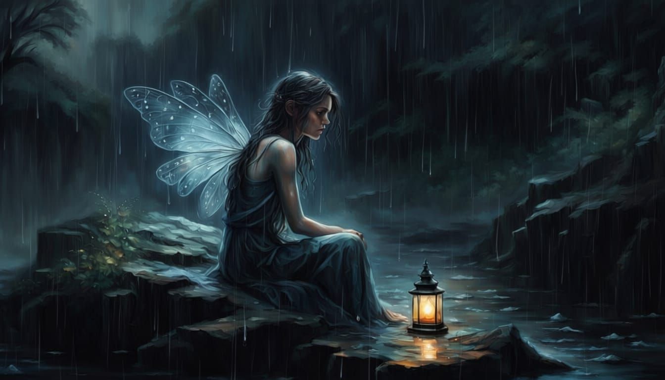 Ethereal Rain Fairy on Rock in Night Oil Painting