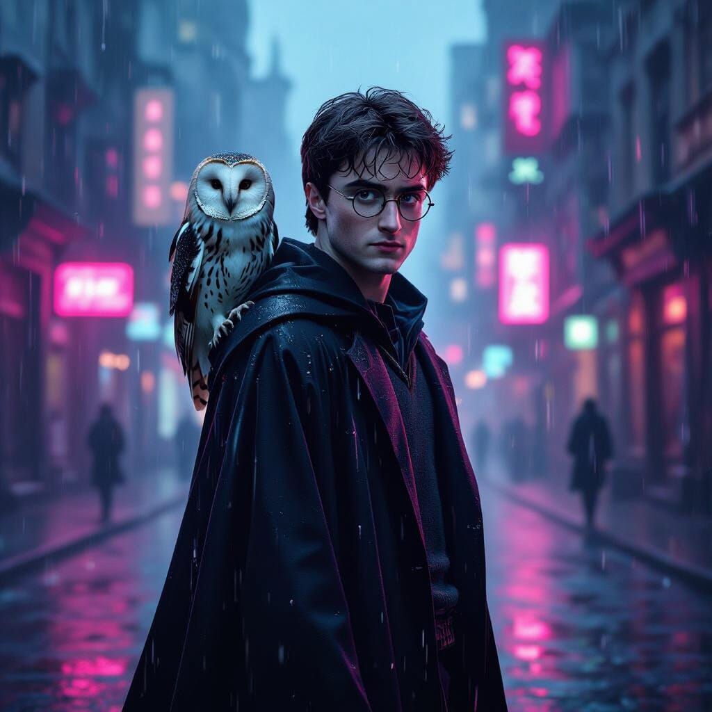 Harry Potter in Cyberpunk City with Hedwig