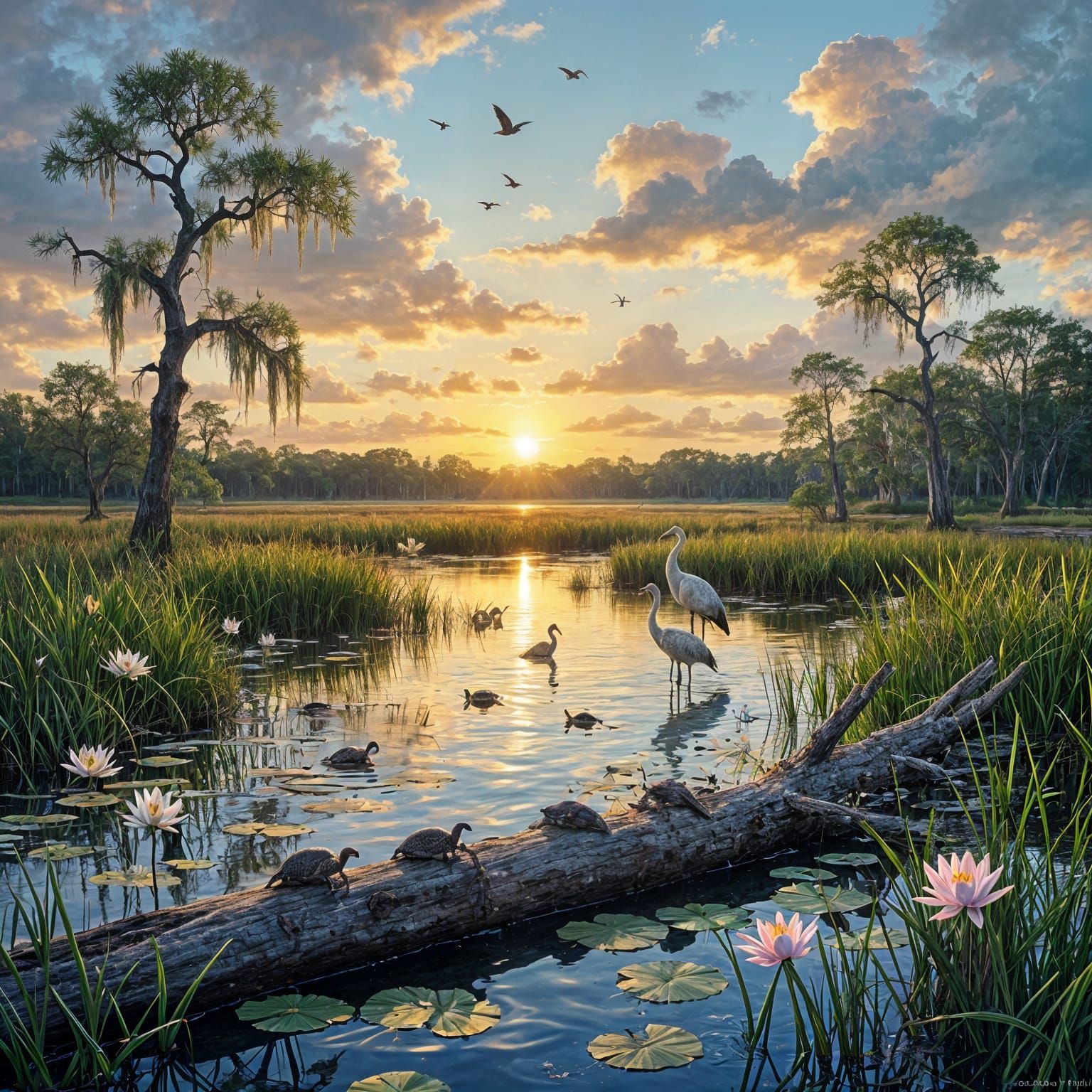 Florida Marshland at Dusk with Wildlife in Golden Hour