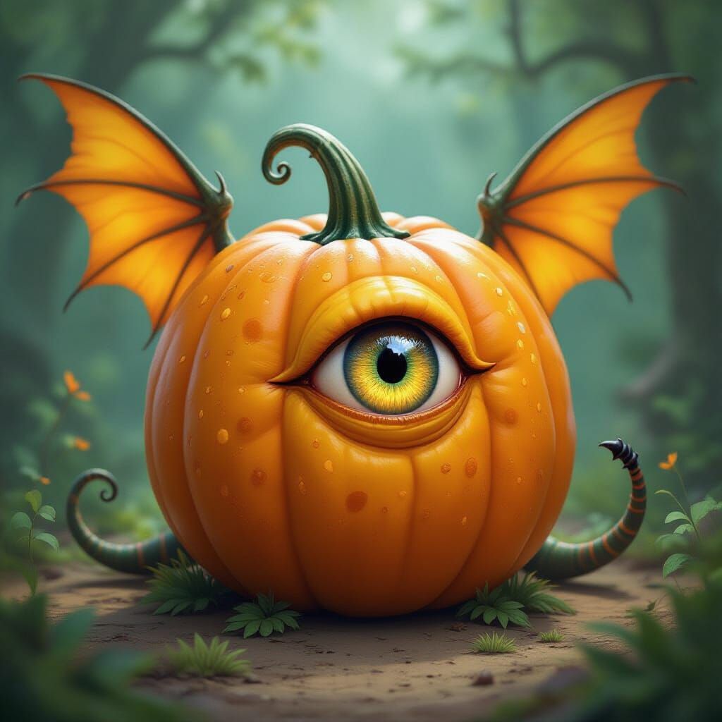 Cyclopean Pumpkin Creature with Runes and Crystal