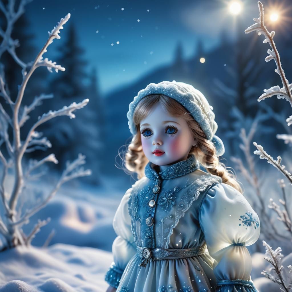 Hyper-Realistic Porcelain Doll in Winter Landscape