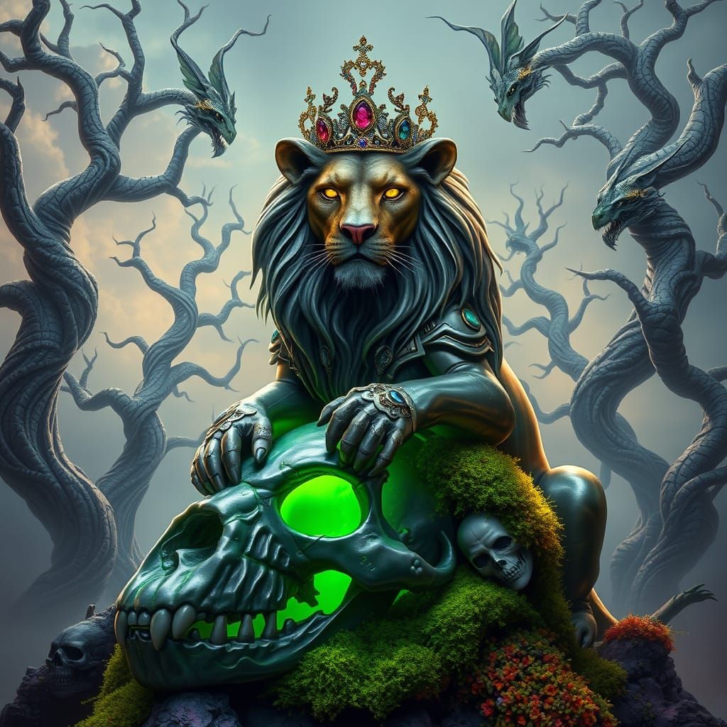 Metallic Lion Reigns on Glowing Green Skull with Dragons and...