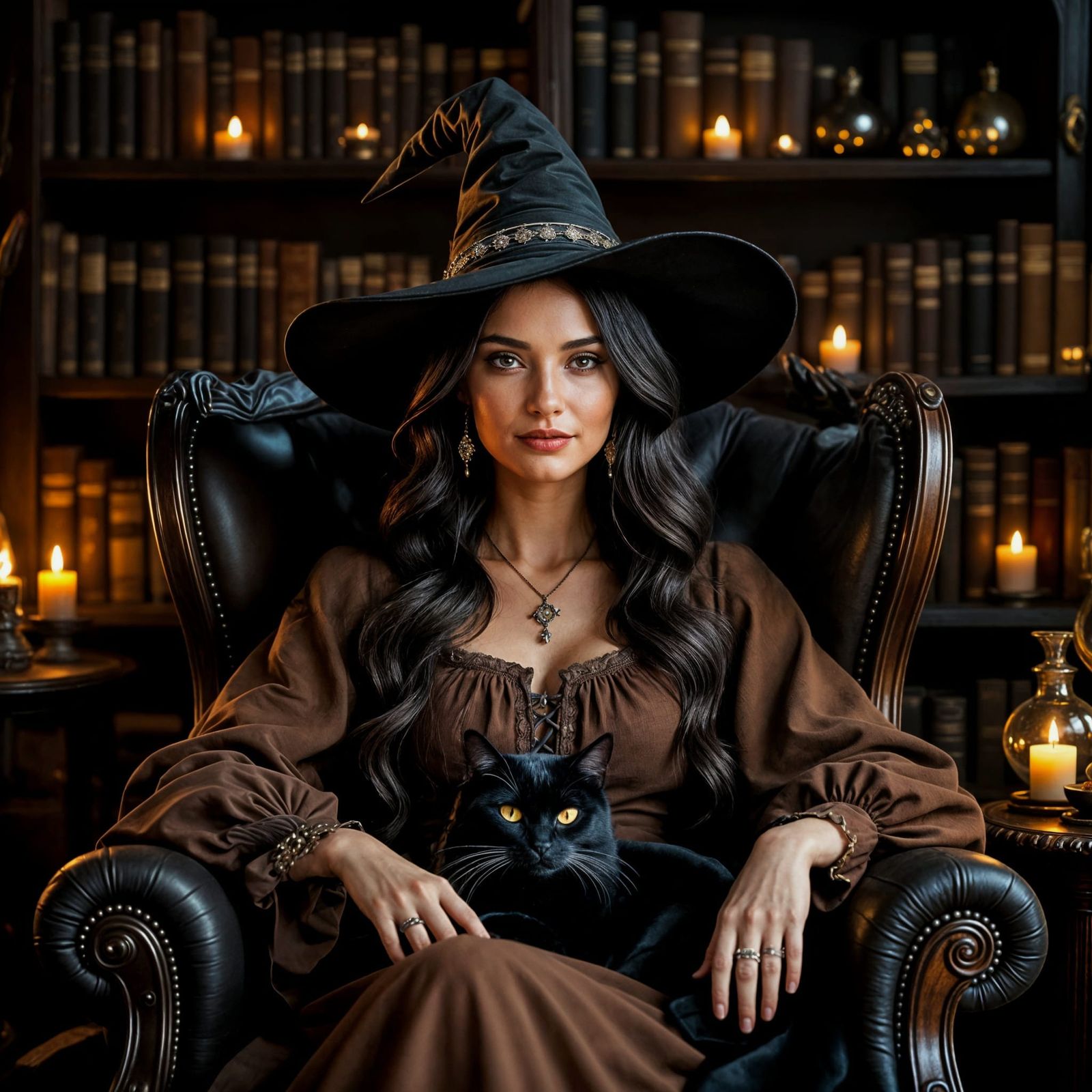 Wise Witch and Cat in Cozy Study