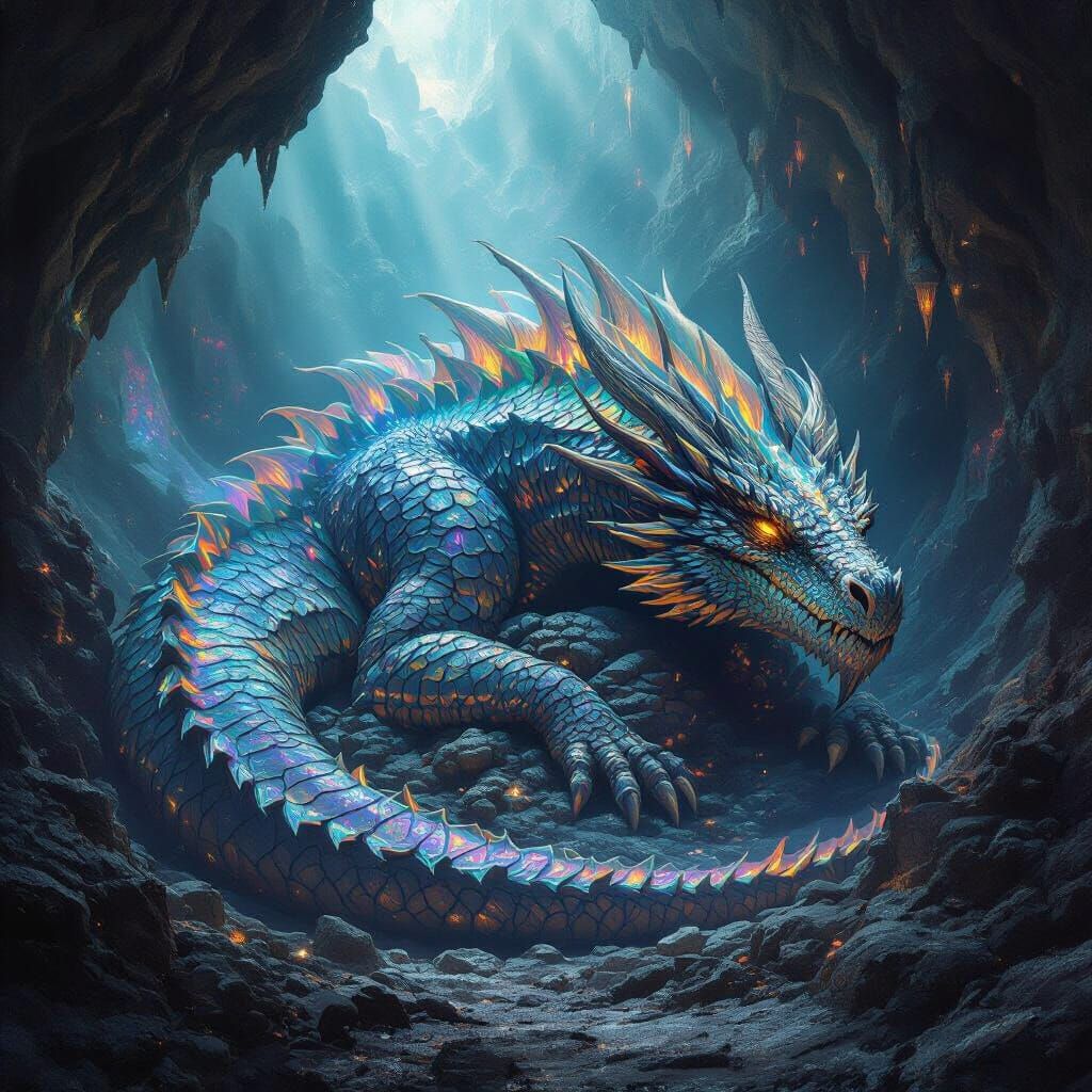 Ancient Dragon Sleeps on Treasure in Glowing Cavern