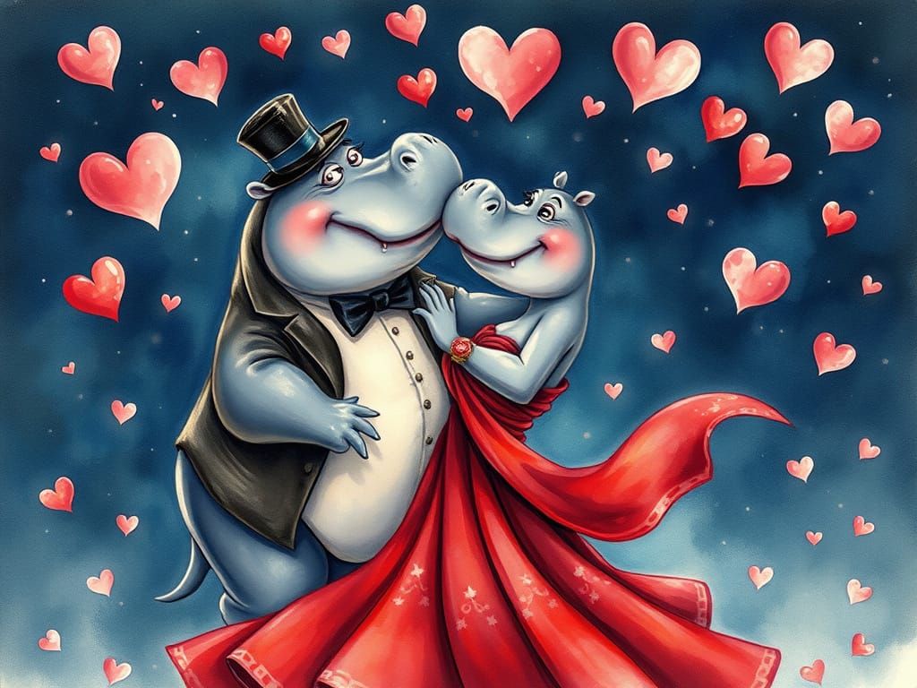 Whimsical Hippo Tango Romance in Watercolour