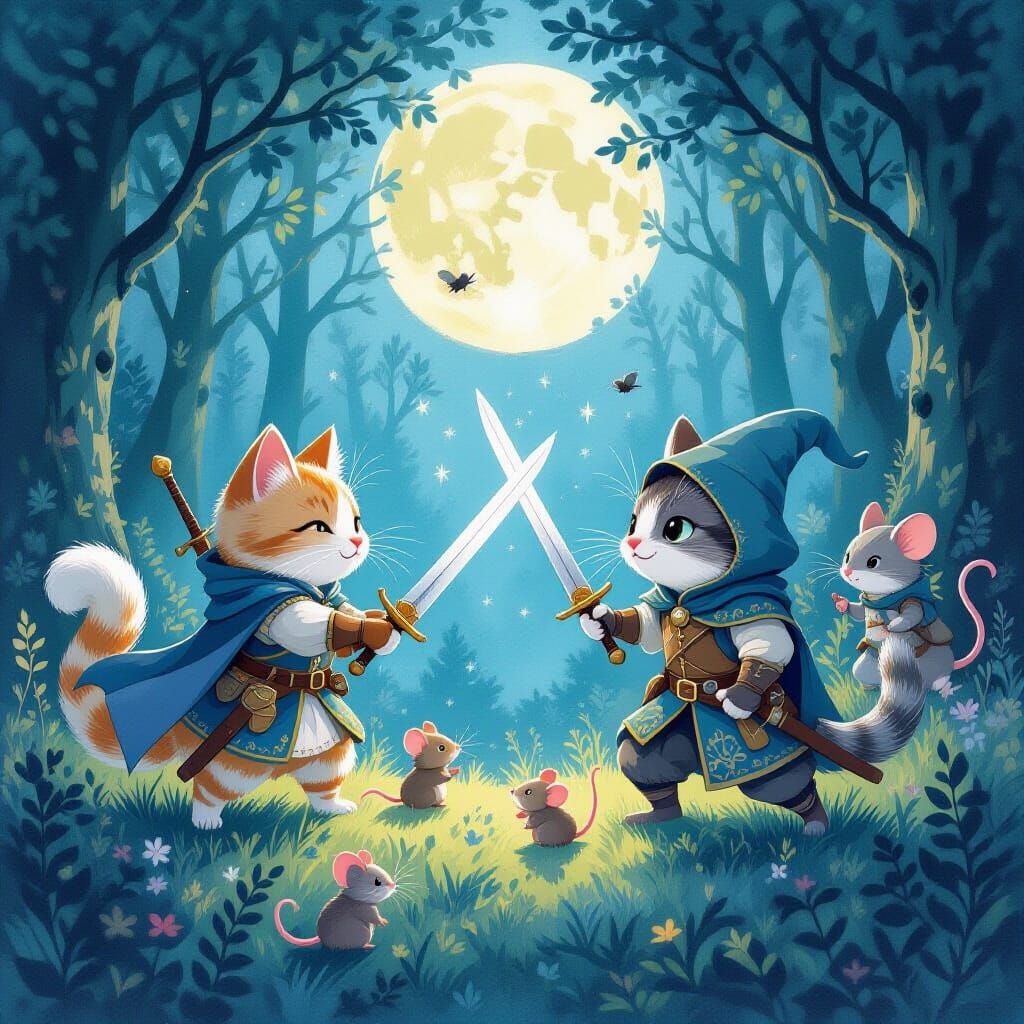 Medieval Cats vs Mice Battle in Moonlit Forest