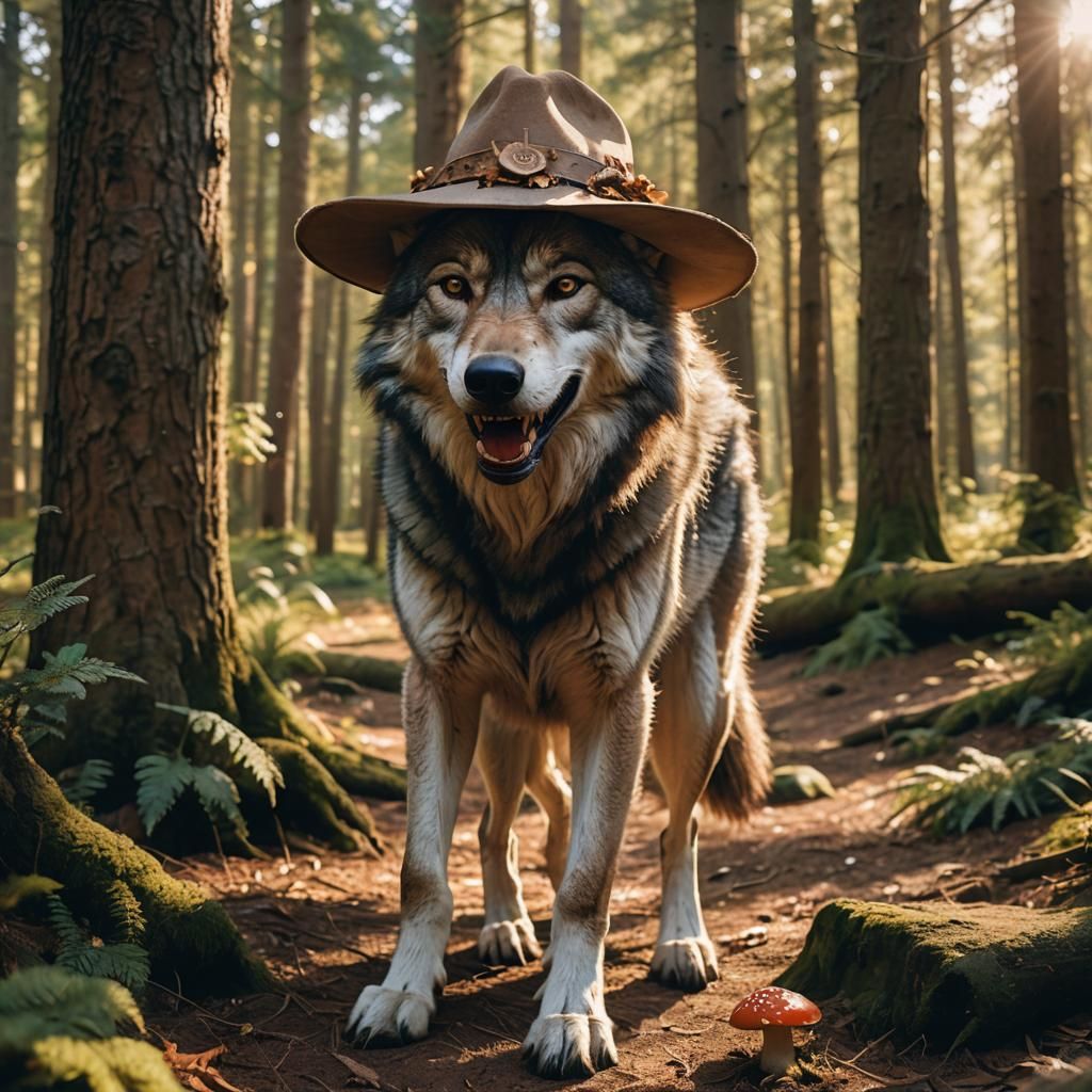 Humanoid Wolf Foraging in Forest: Hyper-Realistic Portrait