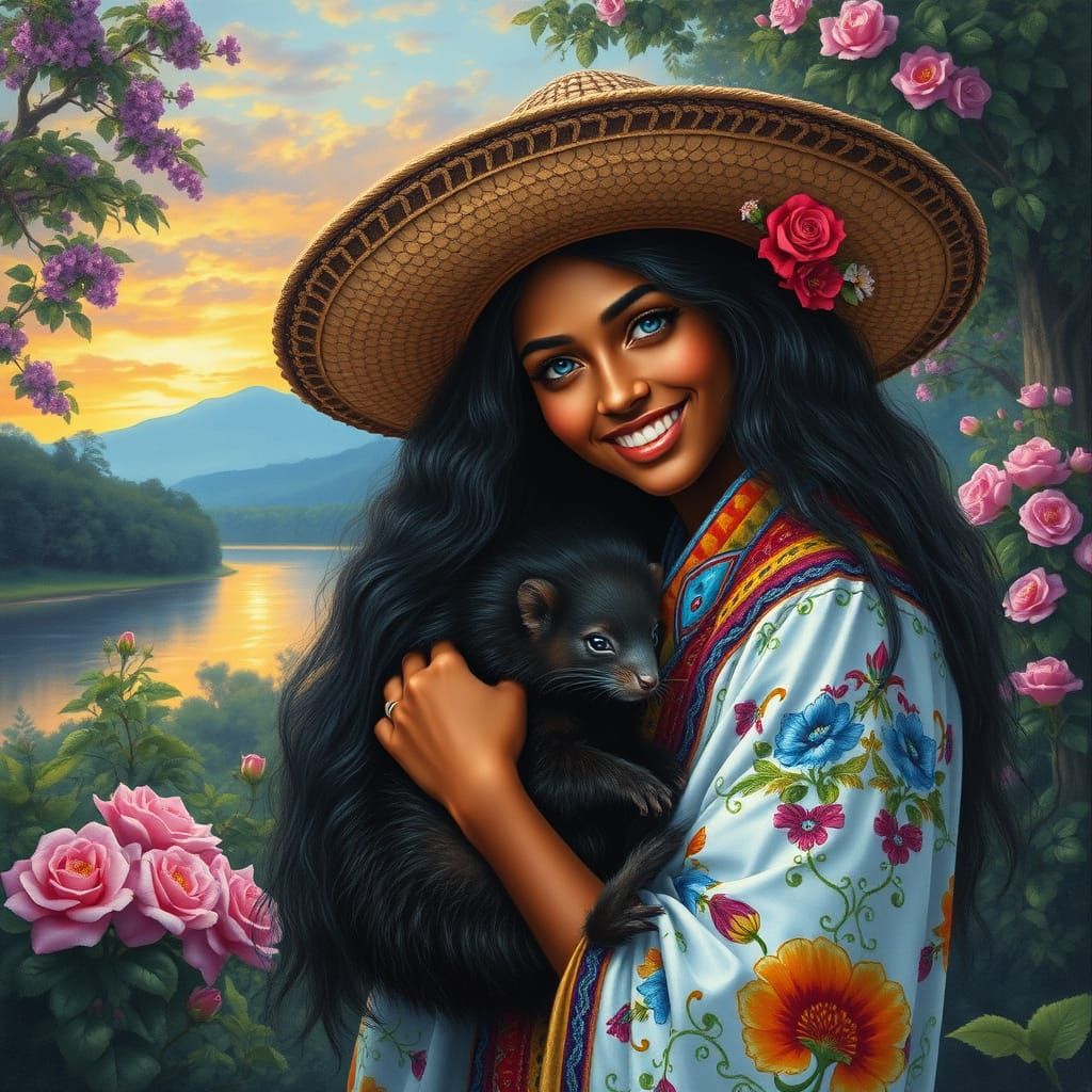 Colombian Woman with Weasel in Rose Garden, Oil Painting