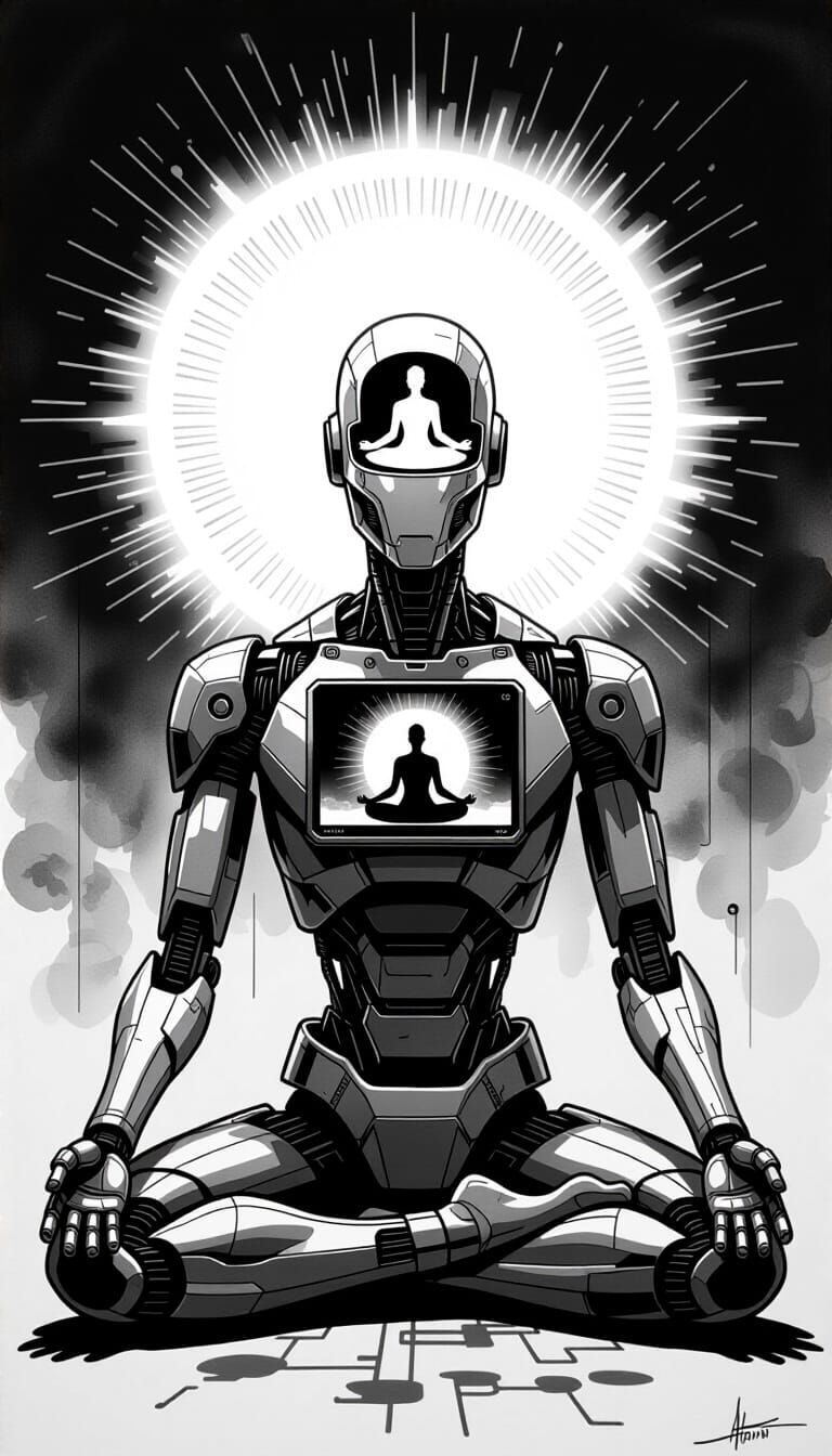 Charcoal Robot in Meditation with Radiant Halo