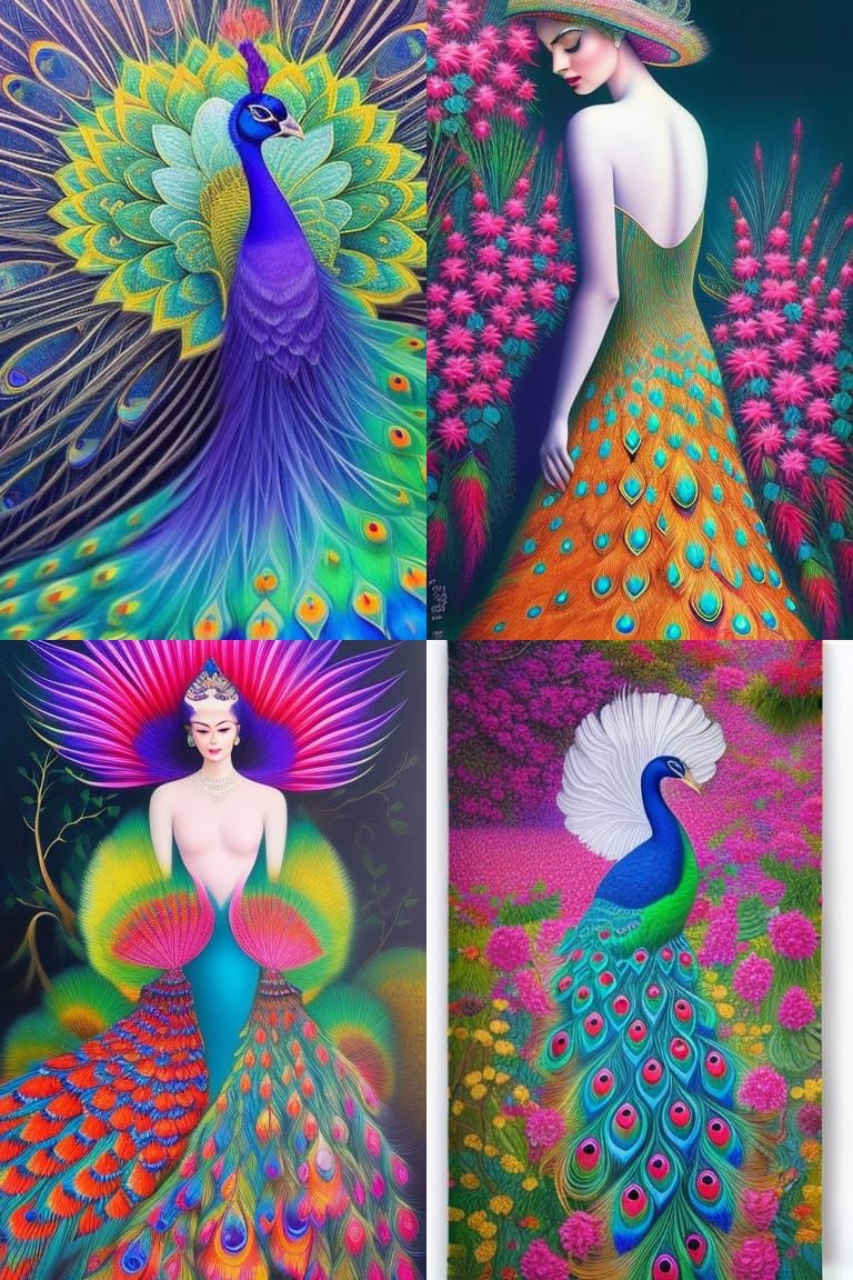 Surreal Peacock Woman in Fairytale Landscape
