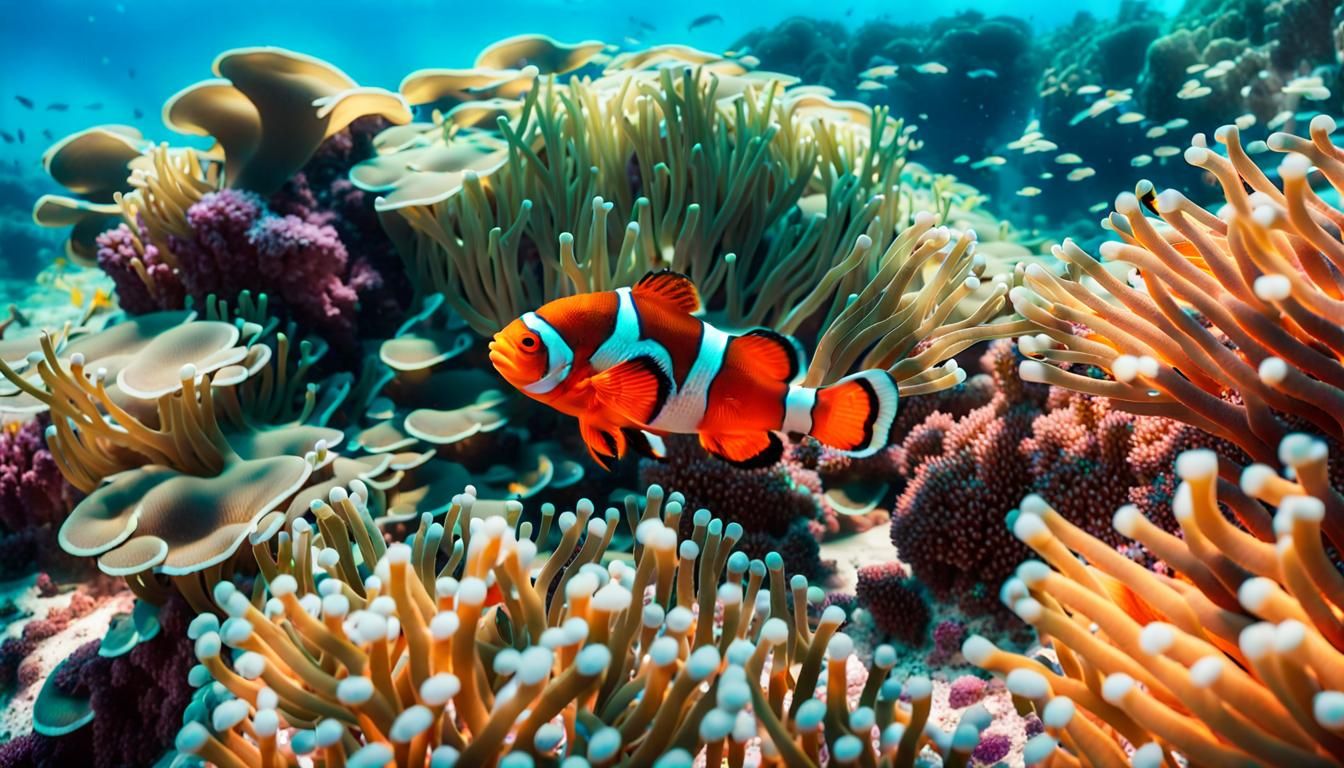 Clownfish Swims Vivid Coral Reef: Underwater Photography