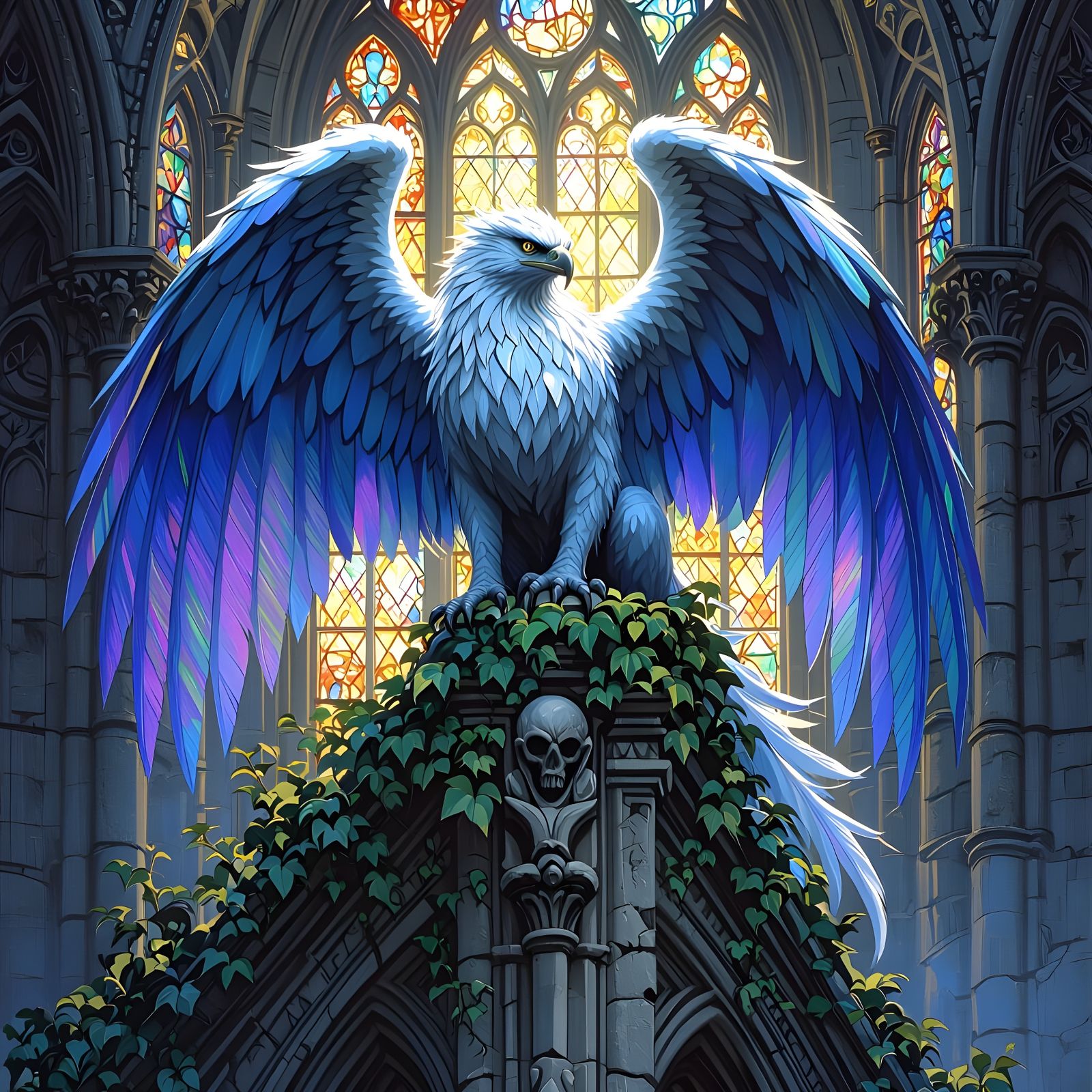 Griffin Perched Atop Gothic Cathedral in Maximalist Style