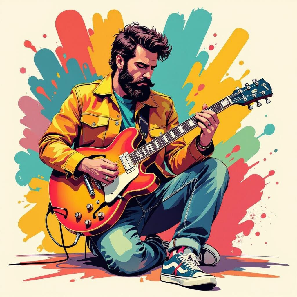 Man with Moustache Playing Guitar in Vibrant Minimalist Styl...