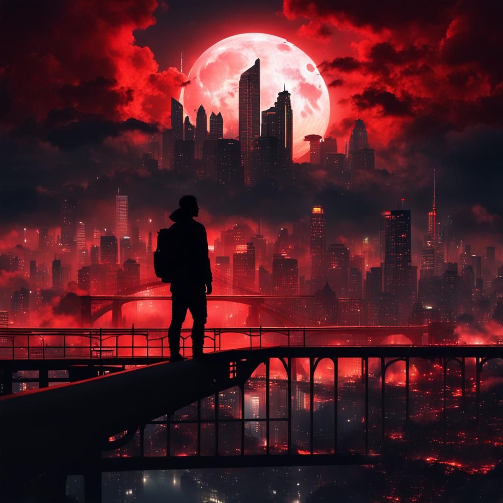 Dystopian Silhouette Over Red Moon Cityscape