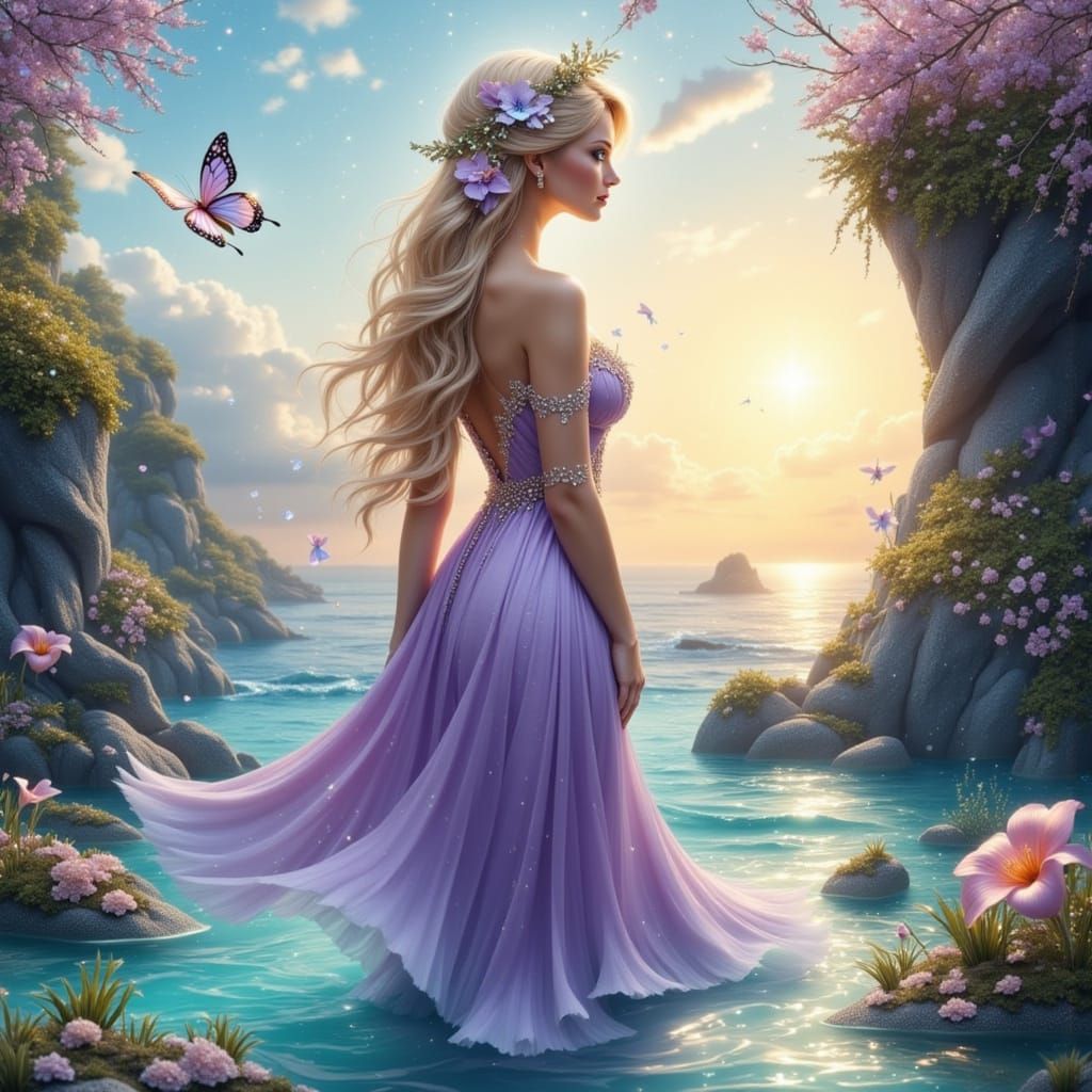 Woman on Fantastical Shoreline in Flowing Dress
