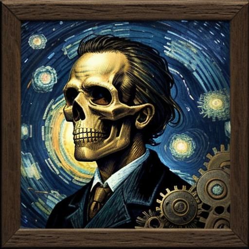 Skull with Starry Night and Steampunk Engine